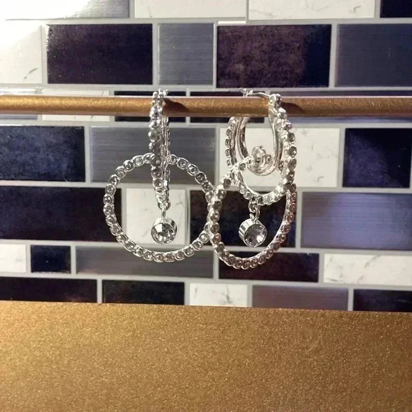 Bling Double Hoop Geometric Hollow Round Circle Dangle Earrings Silver Earrings - Picture 5 of 5